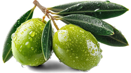 Two green olives with leaves on white background