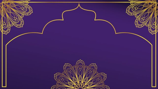 gold luxurious mandala vintage antique floral baroque with gold dome animation ornament horizontal background with golden floral pattern on purple gradient loop animation