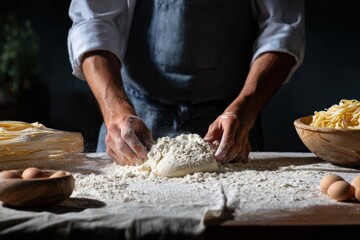 Fototapeta premium Male chef kneading dough on rustic table with flour and pasta ingredients