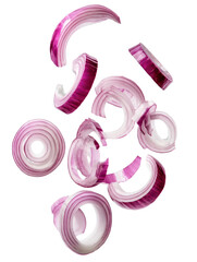 Red onion slices falling on white background