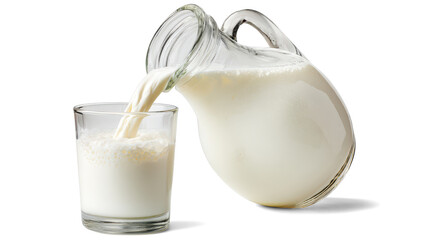 Milk is pouring from jug into the glass on white background