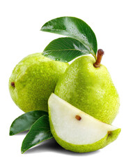 green pears with leaves on white background