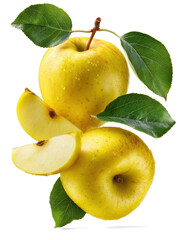 ripe yellow apples with leaves