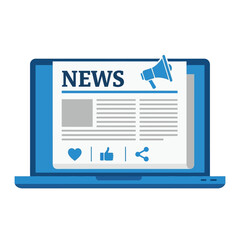 Blue laptop displaying a newspaper titled 'NEWS' with social media icons for likes, shares, and hearts.
