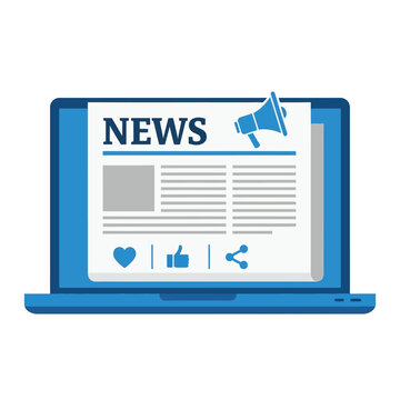 Blue laptop displaying a newspaper titled 'NEWS' with social media icons for likes, shares, and hearts.