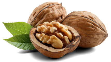walnuts with leaves on white background