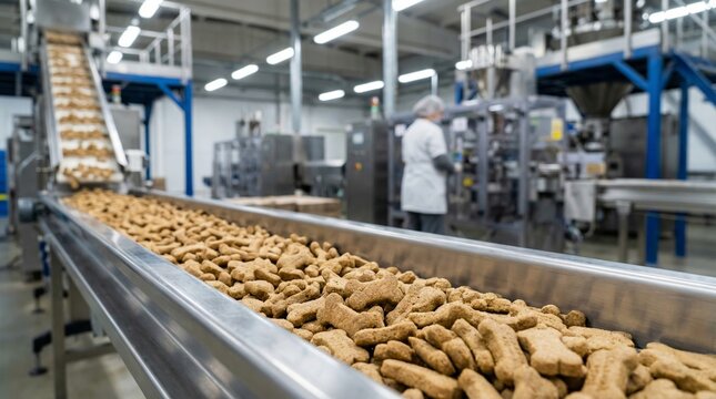 Automated pet food production line with dog treats on conveyor belt
