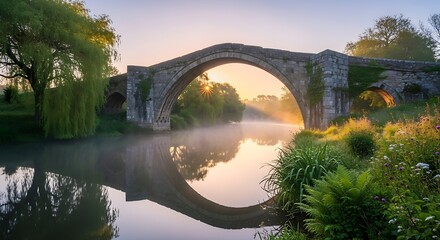 Fototapeta premium Ancient stone bridge over calm river at golden sunset with misty reflection