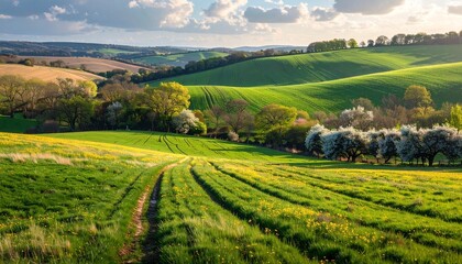 Fototapeta premium Rolling green farmland with dirt path in sunny countryside landscape summer scenery