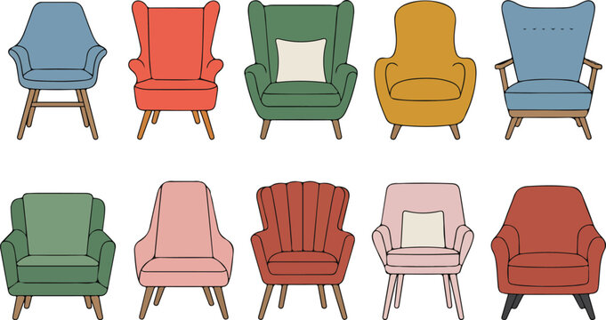Retro Modern Seating Collection Armchairs & Lounge Sofas Vector Illustration