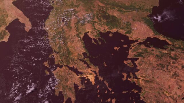 Europe and Balkans from Space. Sunset. View from Space Orbit. Globe