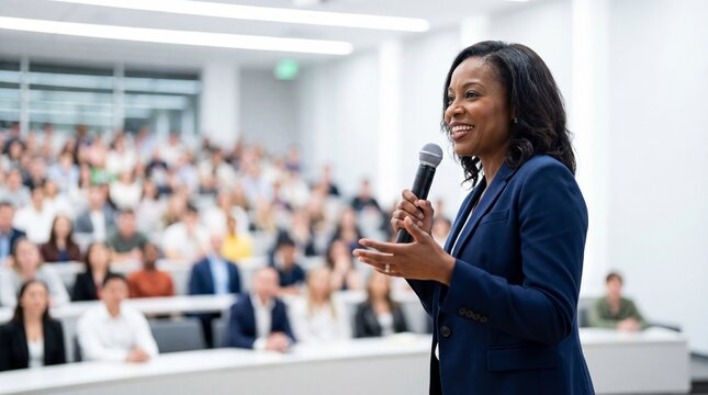 Professional woman speaking confidently at seminar, addressing diverse audience with engaging gesture and warm expression