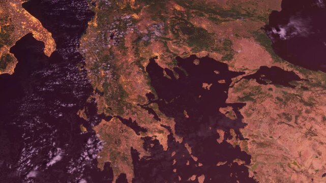 Europe and Balkans from Space. Sunrise. View from Space Orbit. Globe