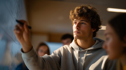 Obraz premium Mathematicians in a classroom setting calculate the trajectory of a golf ball, aiming to illustrate concepts of angles and forces through practical examples in sports mechanics. cinematic color