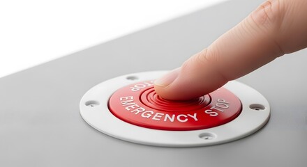 Finger pressing red emergency stop button.