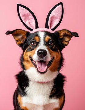 A funny dog with bunny ears on a carnival headband. A cute Easter card