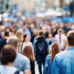 Obraz premium Busy urban street with diverse crowd of young adults in cityscape