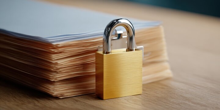 Gold padlock securing a stack of documents on wooden surface