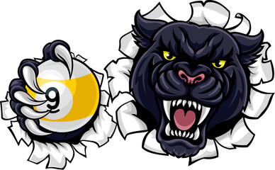 Naklejka premium Panther nine ball pool billiards sports mascot holding a 9 ball cartoon illustration