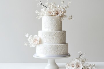 Three-tiered wedding cake in white featuring delicate and intricate decorative patterns