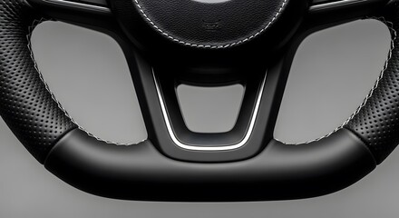 Modern Black Leather Car Steering Wheel Close-up