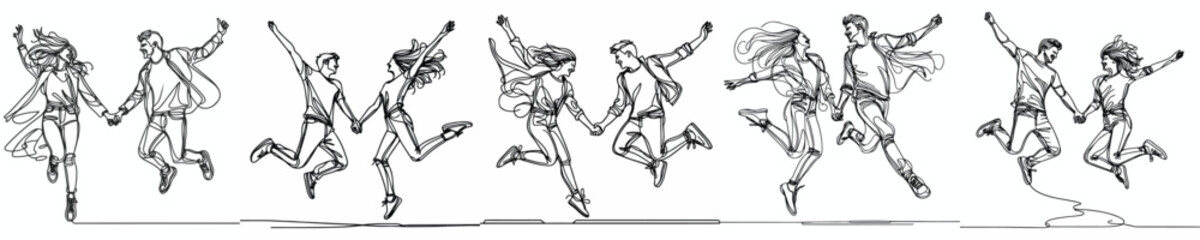 Fototapeta premium line art of a couple jumping happily while holding hands on Valentine's Day