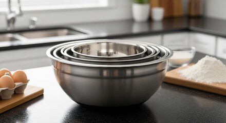 Stainless Steel Mixing Bowls Nestled on Granite Countertop with Baking Ingredients