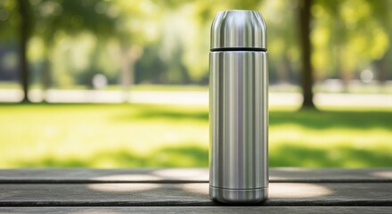 Stainless Steel Thermos on Wooden Table with Blurred Green Park Background
