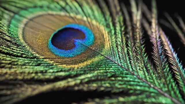 A vibrant peacock feather is displayed in a close-up view showcasing its intricate patterns and colors against a dark background