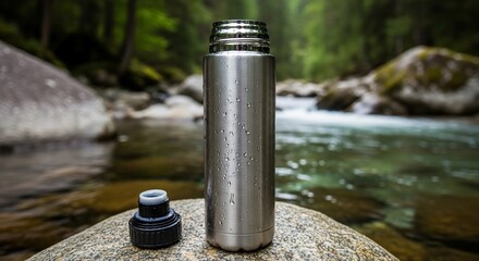 Stainless Steel Water Bottle with Condensation by a River in a Forest