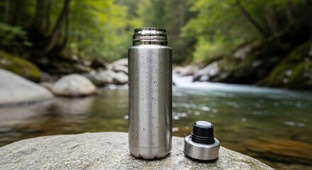 Stainless Steel Water Bottle with Condensation by River, Open Lid, Outdoors