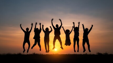 Fototapeta premium Group of Young People Silhouetted Against a Vibrant Sunset While Jumping with Joy and Celebration