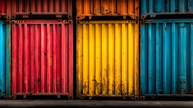 Symmetrical shot of stacked shipping containers showing vibrant red, yellow, and blue colors with the texture of corrugated metal.