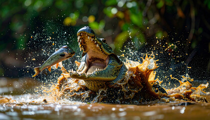 Fototapeta premium A powerful alligator bursts from the water, mouth wide open, catching a fish in a dramatic splash, surrounded by lush green jungle foliage.