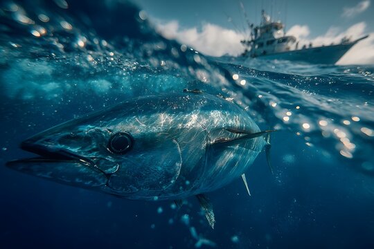 Underwater and overwater split shot in the ocean showing a large yellowfin tuna swimming beneath the surface and a fishing boat above.