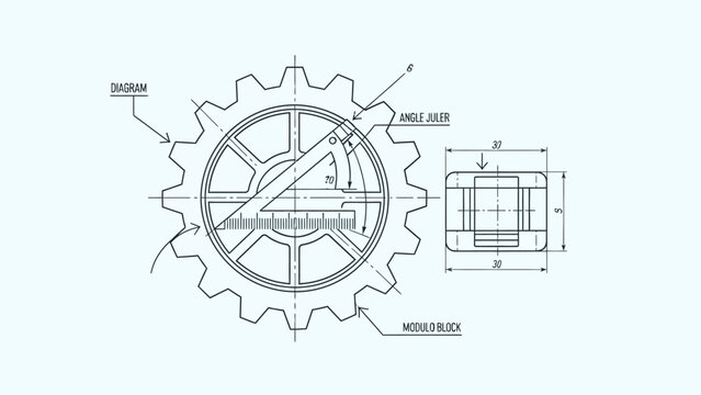 Technical drawing blueprint with gear and measurements.