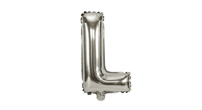 Reflective silver letter l balloon with scalloped edges and metallic sheen isolated on white background