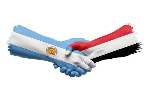 Argentina and yemen flags painted on hands in a diplomatic handshake isolated on white background