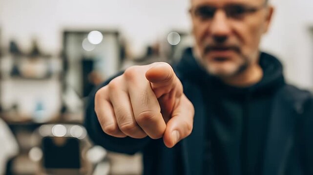 Selective focus of a finger pointing at the camera