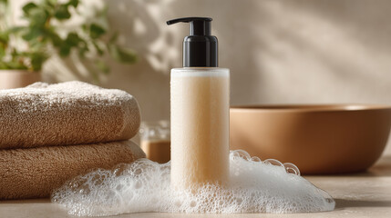 Mockup, Eco-friendly dispenser. Light Plastic Bottle, liquid soap, blank space for mockup. Skin care concept, shower gel, liquid soap or shampoo with towels in bathroom.