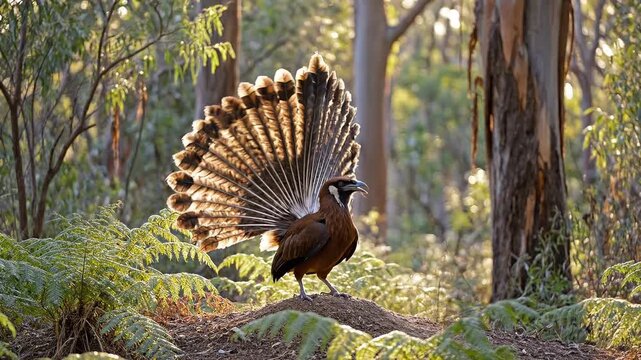 A male lyrebird displays its magnificent tail feathers in a serene forest glade surrounded by lush greenery and tall trees