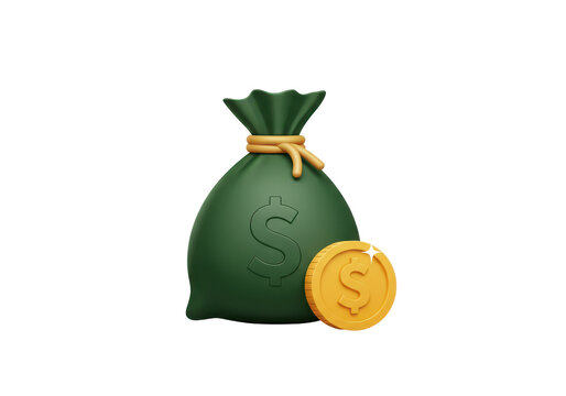 3d rendered green money bag with golden coin isolated on white background