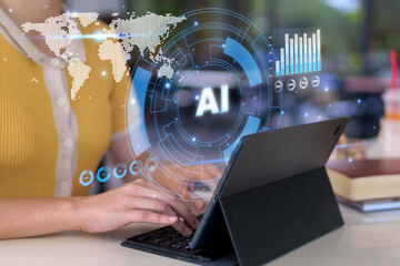 Fototapeta premium Woman use tablet with AI interface analyze global business data for strategic planning artificial intelligence fintech big data