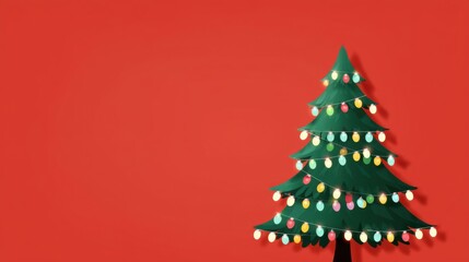 Colorful Christmas Tree with Bright Lights Against a Vibrant Red Background for Festive Holiday Decor