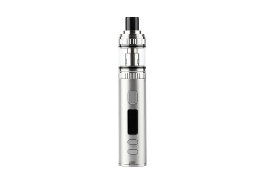 Sleek silver electronic cigarette with clear tank and digital display isolated on white background