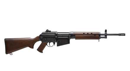 Detailed side view of a classic rifle with wooden stock and forend isolated on white background