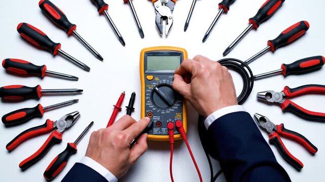 Hand using multimeter with tools around on white background