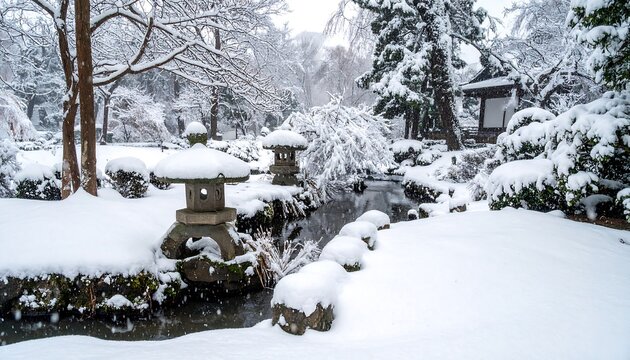 Snowy Japanese garden with stone lantern and trees creating calm winter atmosphere