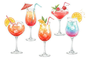 Watercolor illustration of colorful summer cocktails with ice and garnishes isolated on white background
