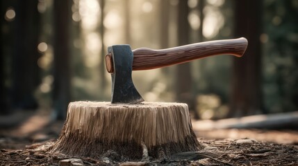 An Axe Embedded in a Tree Stump Surrounded by a Serene Forest in Soft Diffused Light